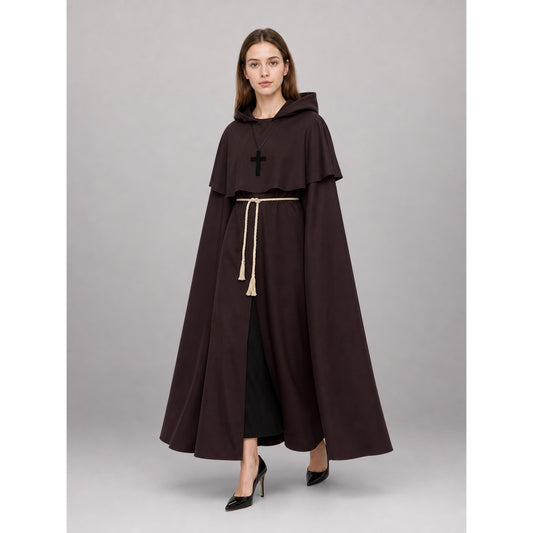 Dark Brown Hooded Carnival Cloak front view