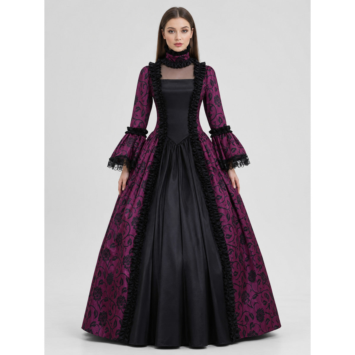 Gothic Victorian-style dress with a full skirt on-model view