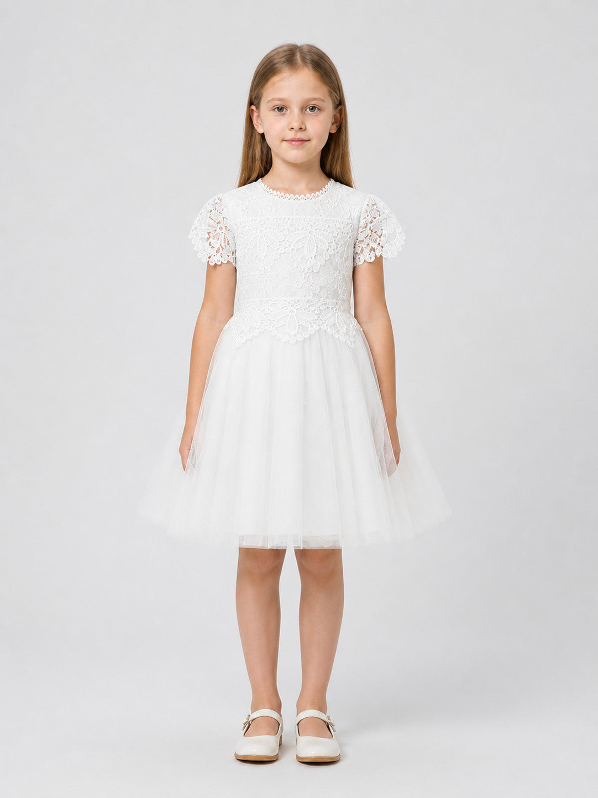 Elegant Girls' Lace Dress, White, Full Skirt on-model view