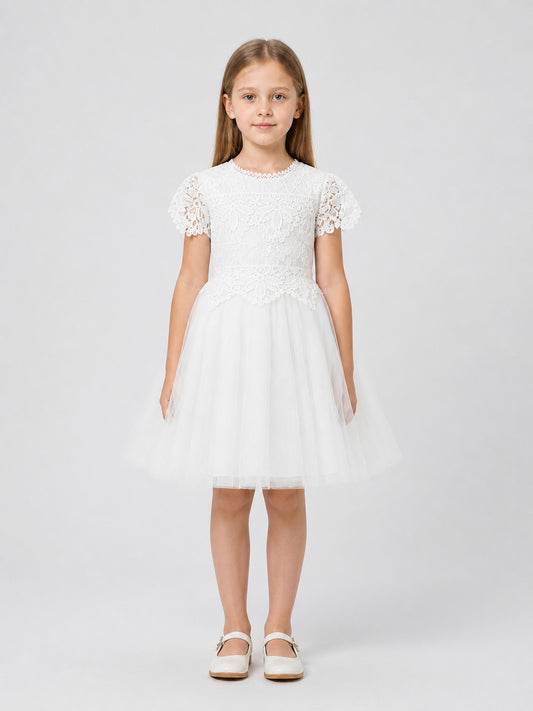 Elegant Girls' Lace Dress, White, Full Skirt on-model view