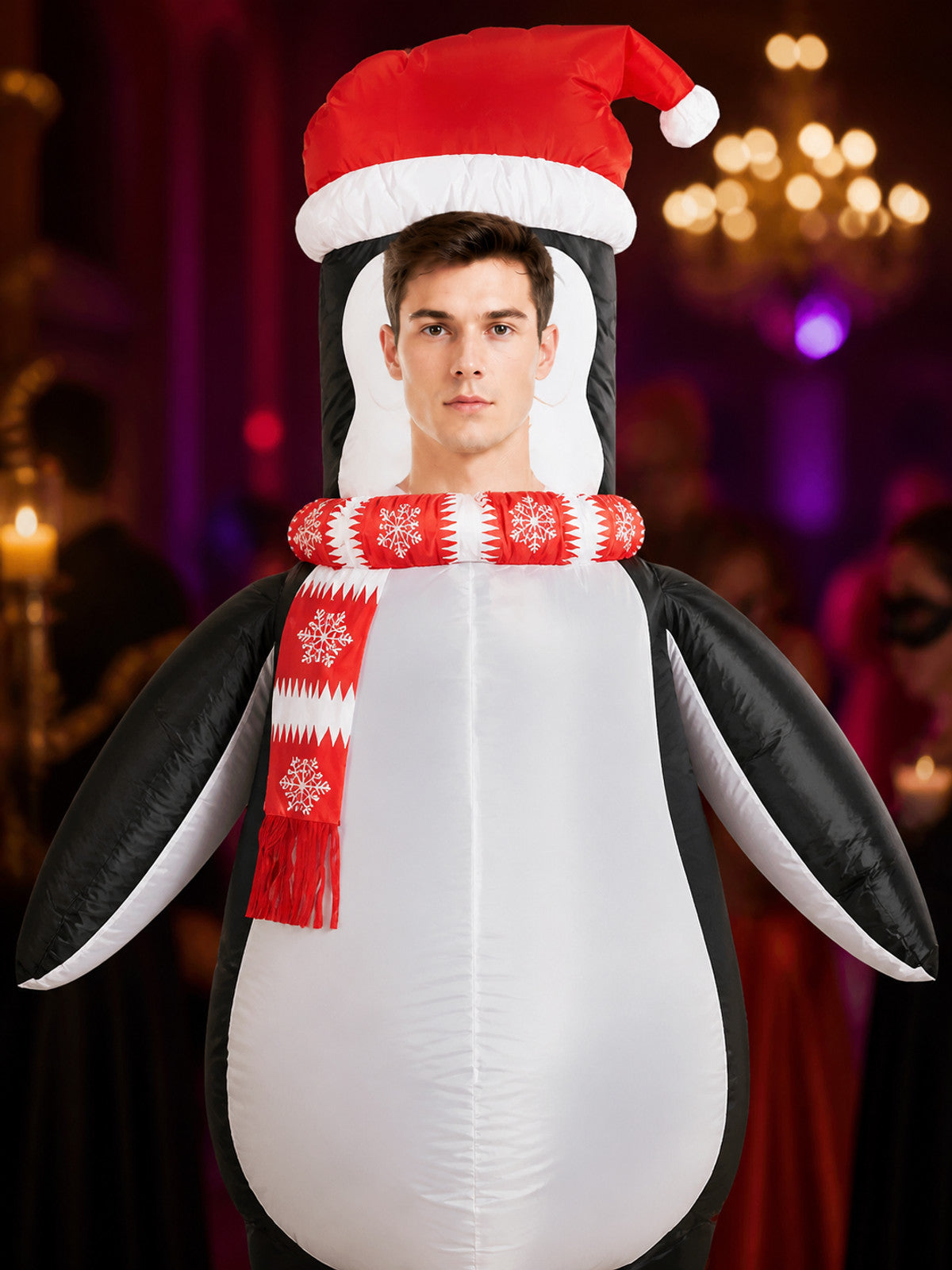 Inflatable Penguin Costume with Santa Hat and Scarf and Wings, Christmas Cosplay on-model view