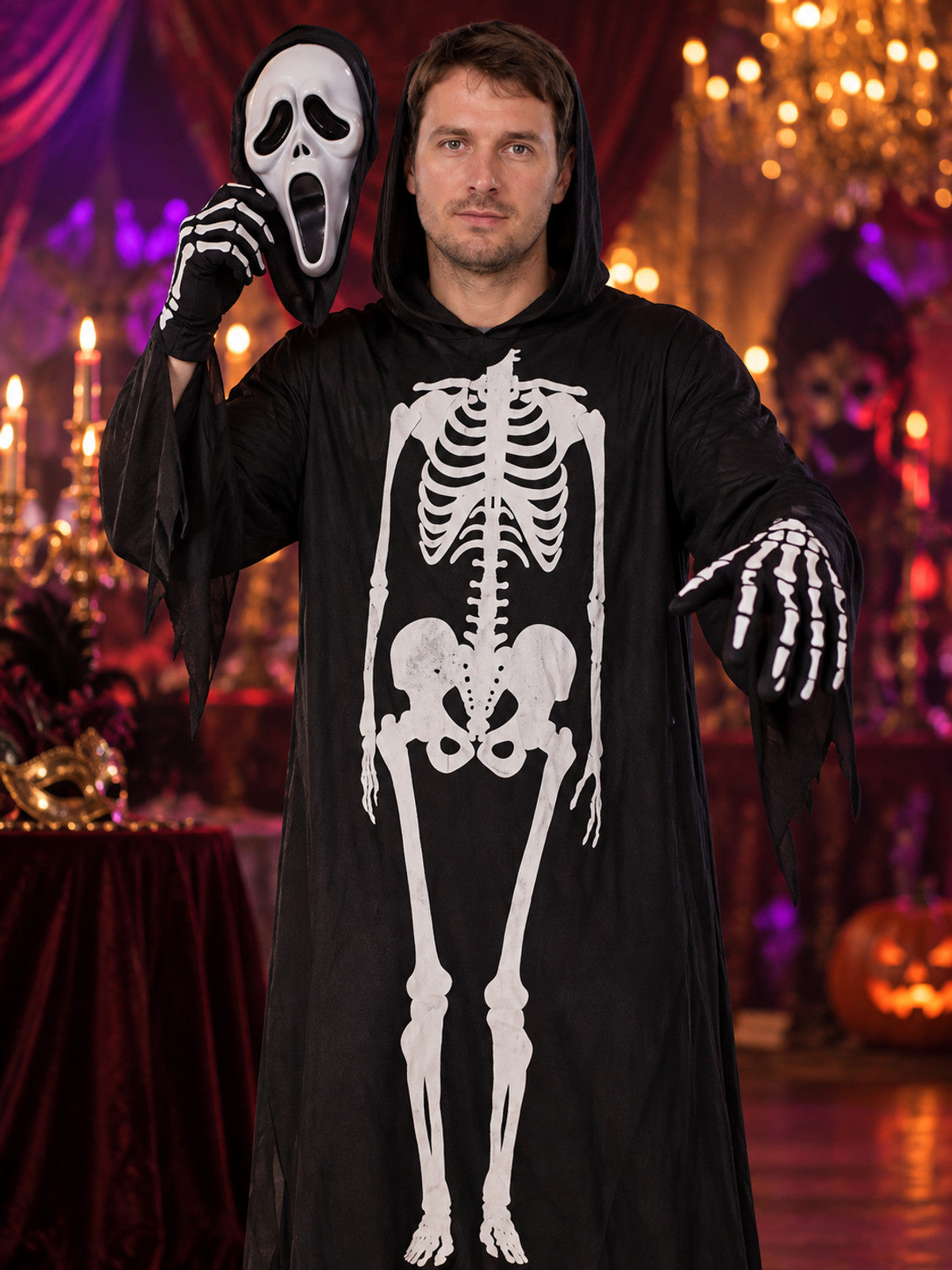 Halloween Skeleton Costume with Hood, Mask, and Gloves