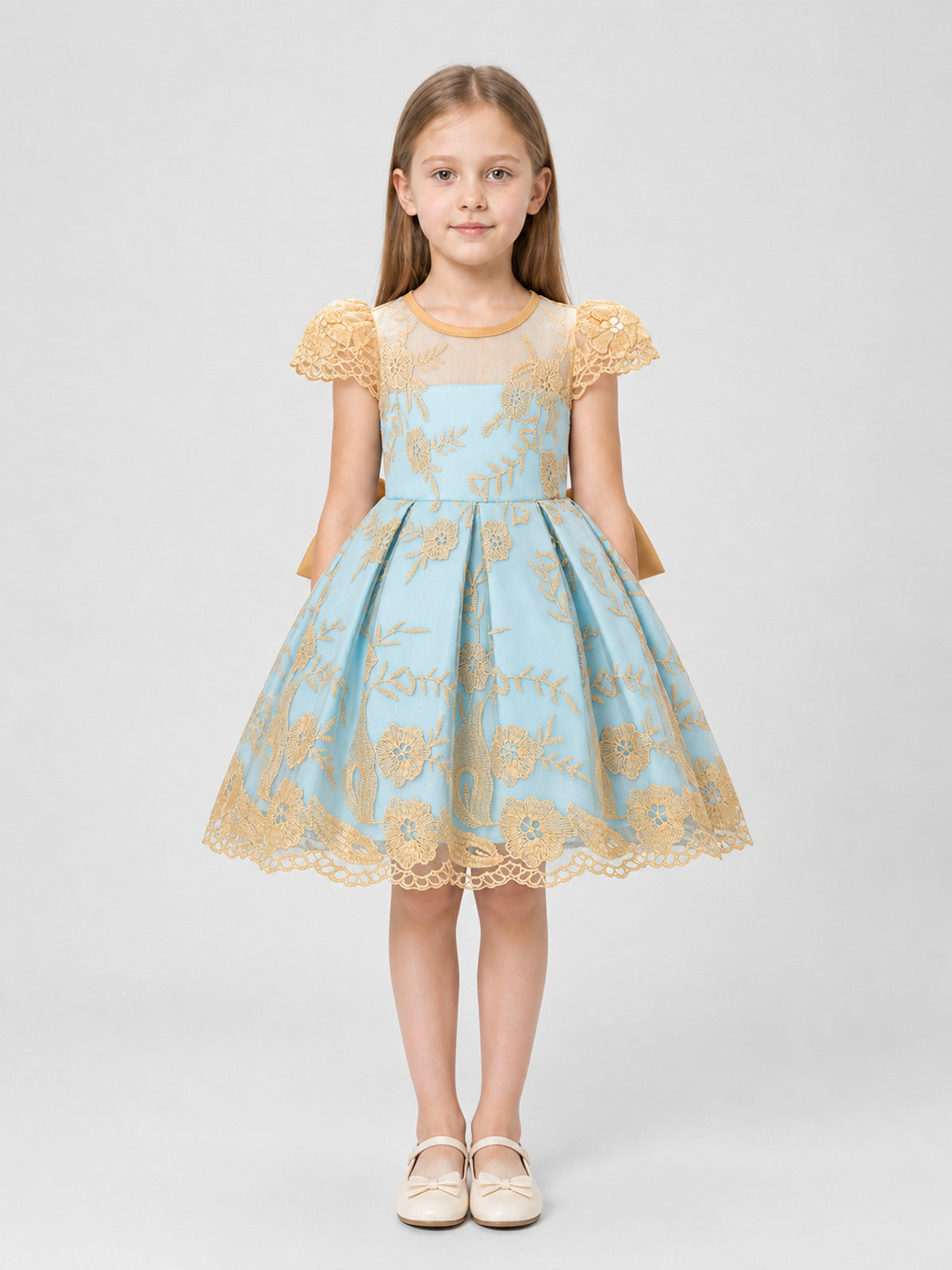 Children's Party Dress with Gold Embroidery and Bow