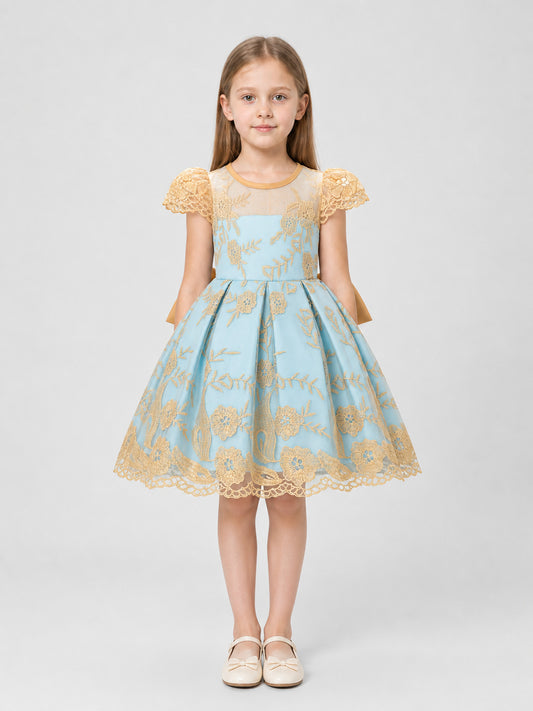 Children's Party Dress with Gold Embroidery and Bow on-model view