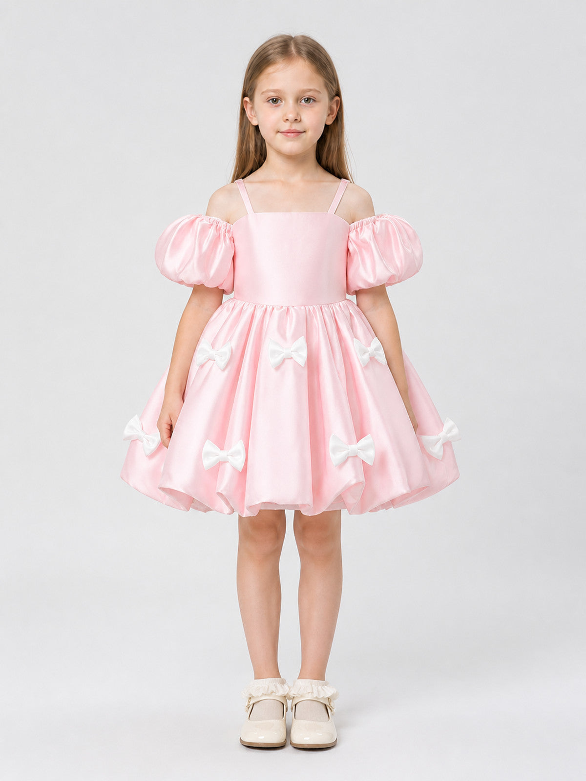 Princess Dress with Puff Sleeves for Flower Girls on-model view