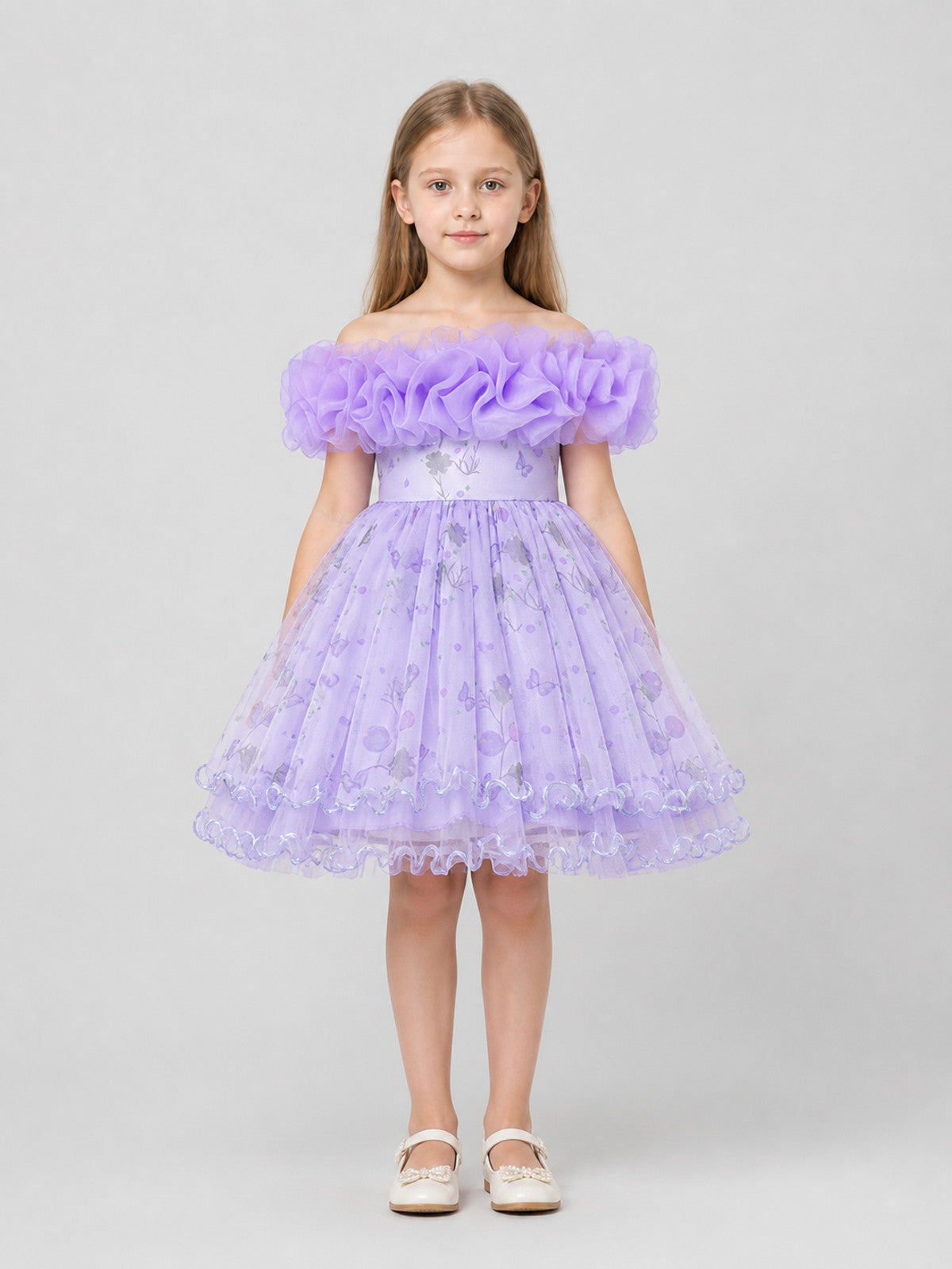 Purple Princess Dress with a Full Skirt and Ruffles on-model view