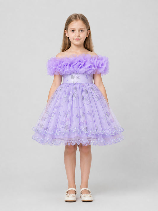 Purple Princess Dress with a Full Skirt and Ruffles on-model view