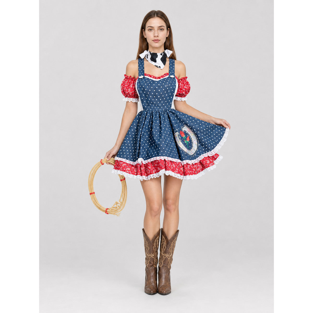 Western-themed cosplay dress with apron and badge on-model view