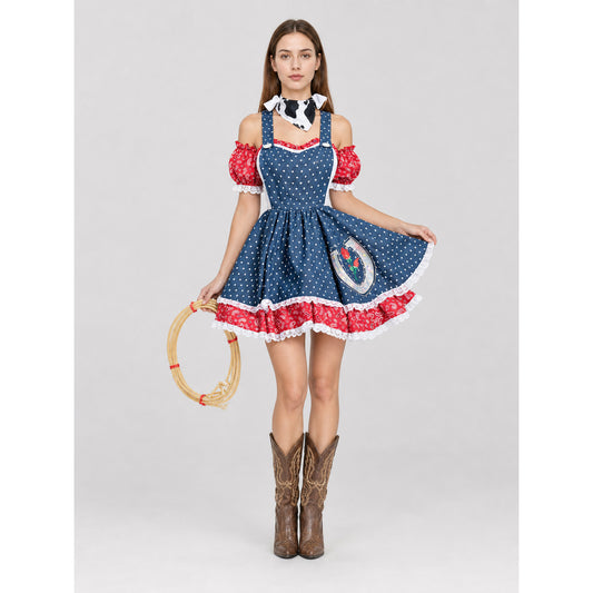 Western-themed cosplay dress with apron and badge on-model view
