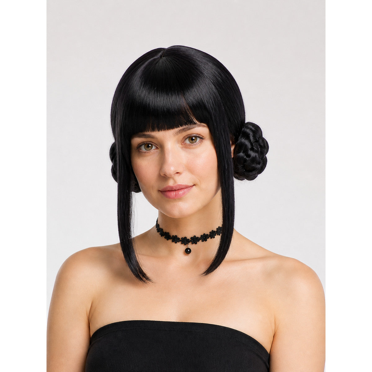Black Cosplay Wig with Two Buns and Bangs main product view