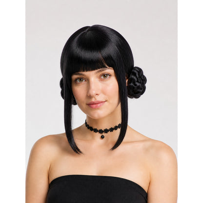 Black Cosplay Wig with Two Buns and Bangs main product view