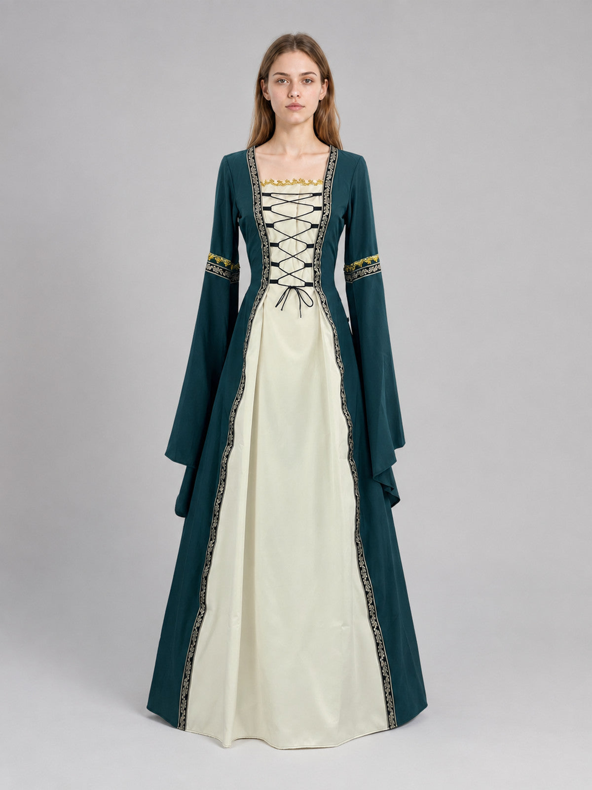 Medieval Dress with Lacing and Flared Sleeves on-model view