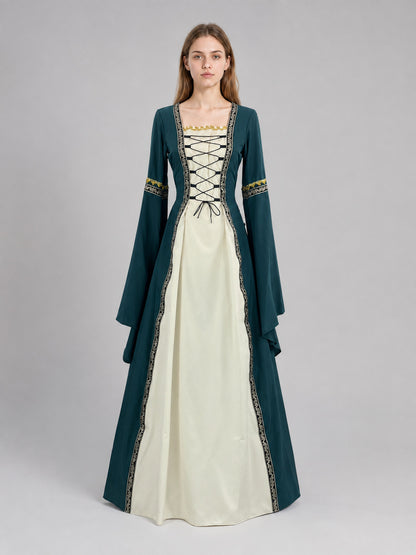 Medieval Dress with Lacing and Flared Sleeves on-model view