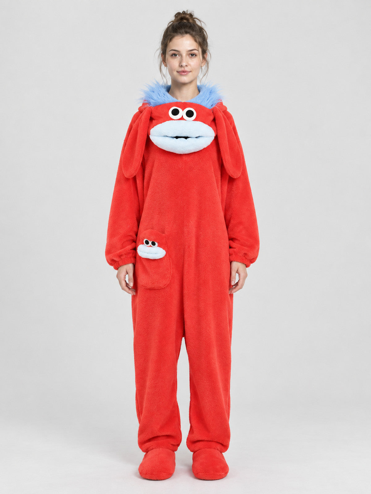 Red Home Jumpsuit Pajama with a Puffy Face