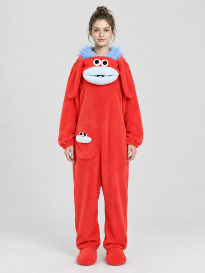 Red Home Jumpsuit Pajama with a Puffy Face