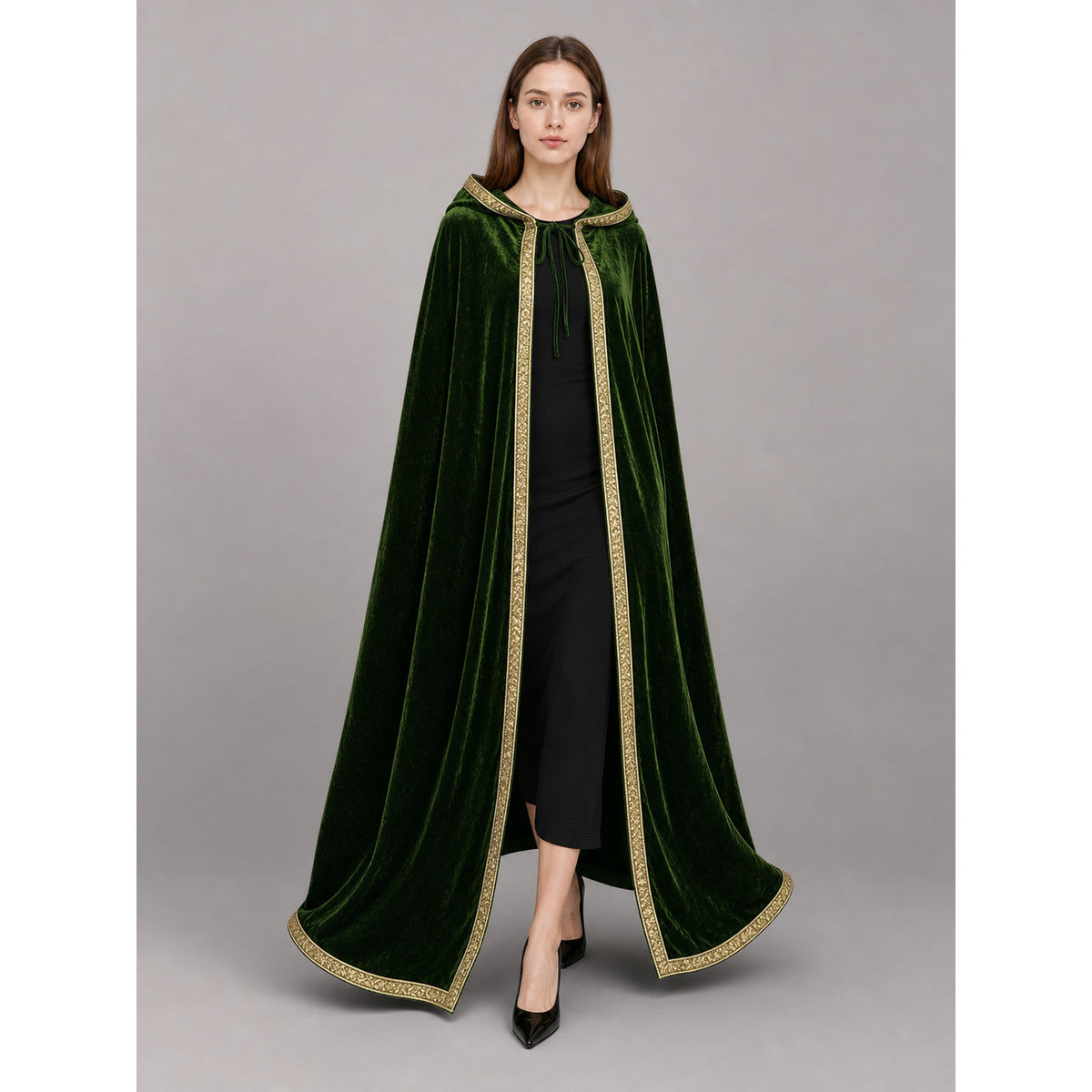 Green costume cloak with hood, gold trim front view