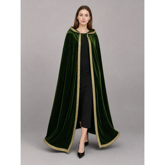 Green costume cloak with hood, gold trim