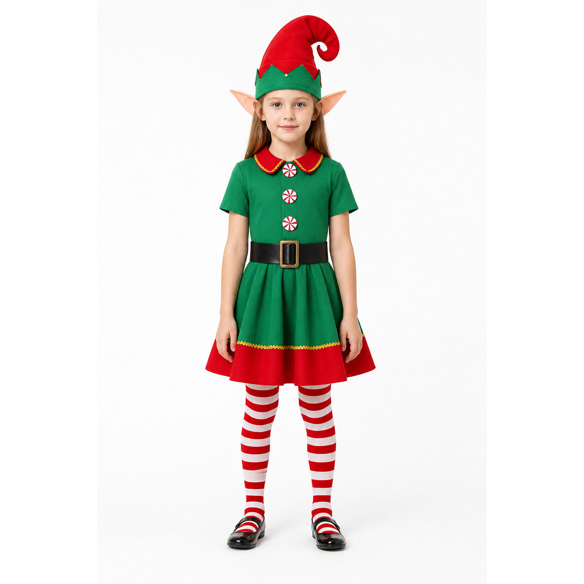 Christmas Elf Costume with Hat and Striped Knee-High Socks main product view