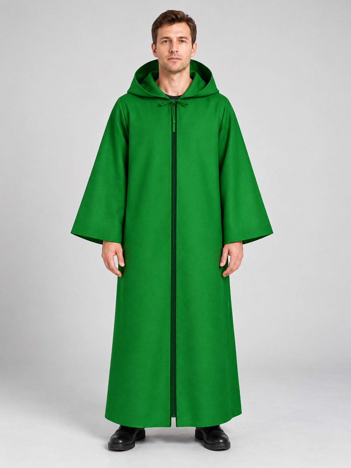 Long Hooded Cloak-Poncho, Green, with Zipper