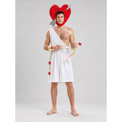 Men's Cupid Costume Set - White One-Shoulder Toga Romper with Red Heart Headpiece, Gold Cuffs, Bow & Arrow