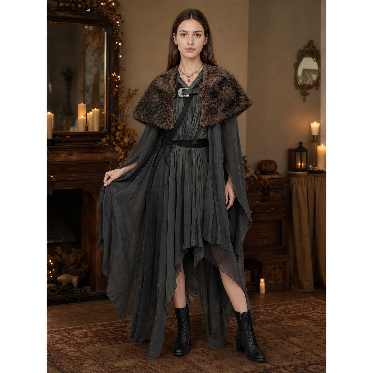 Fur Shoulder Shawl with Buckle, Brown