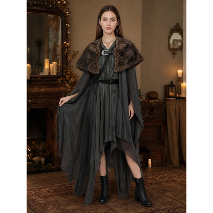Fur Shoulder Shawl with Buckle, Brown