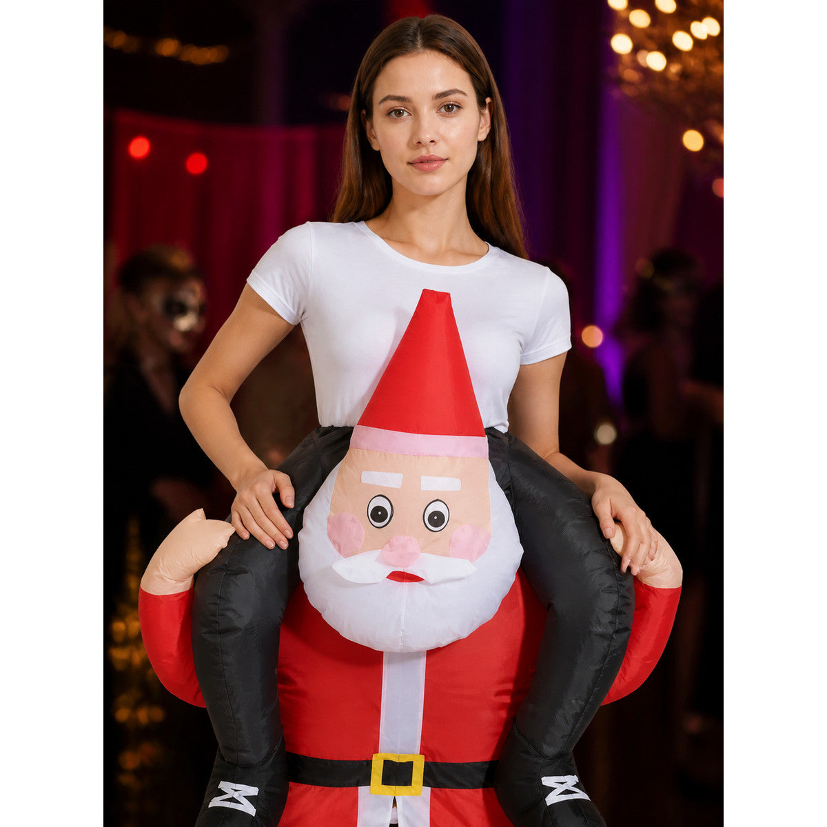 Santa Claus Inflatable Costume with Red White Stripes, Beard, Belt and Boots on-model view