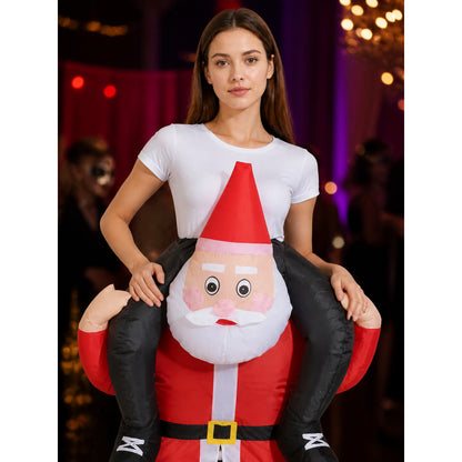 Santa Claus Inflatable Costume with Red White Stripes, Beard, Belt and Boots on-model view