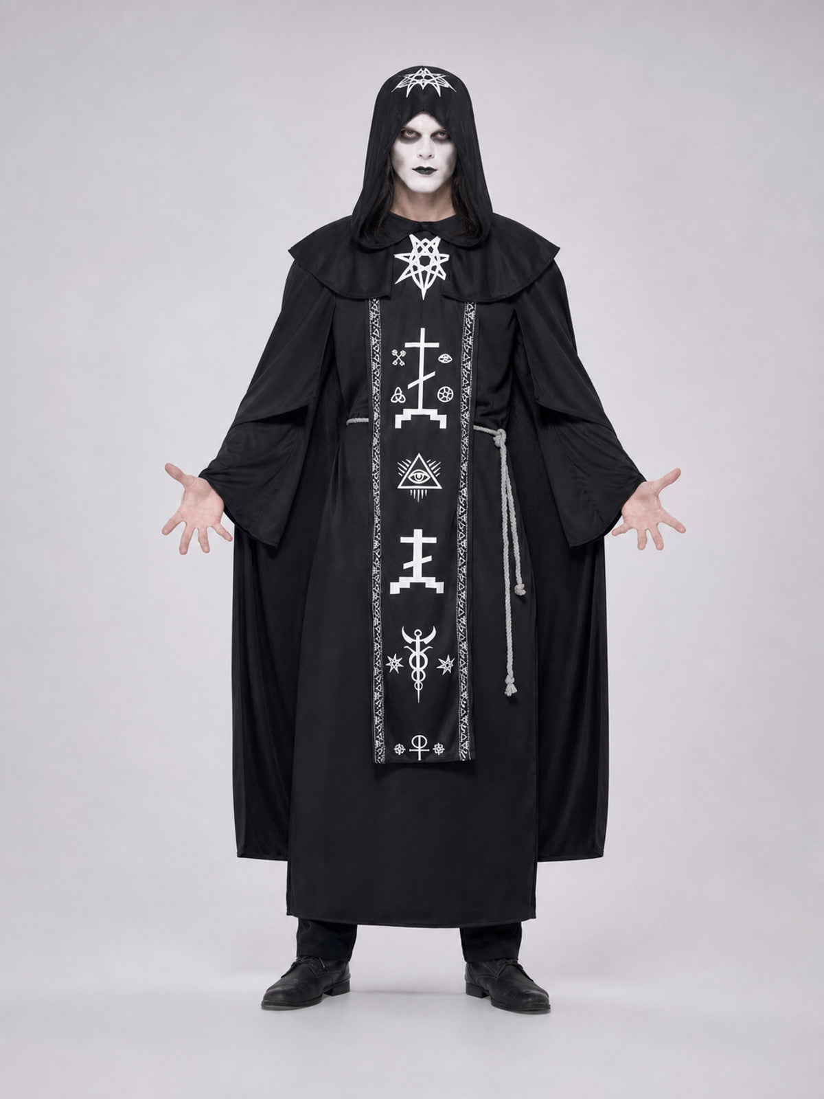 Gothic Black Hooded Robe with Symbols on-model view