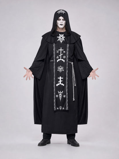 Gothic Black Hooded Robe with Symbols on-model view