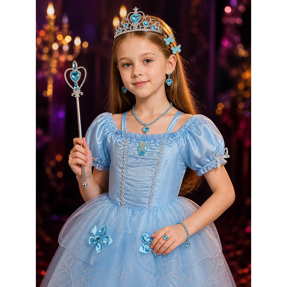 Girls Blue Princess Costume Dress Set with Crown, Wand, and Jewelry, Halloween on-model view