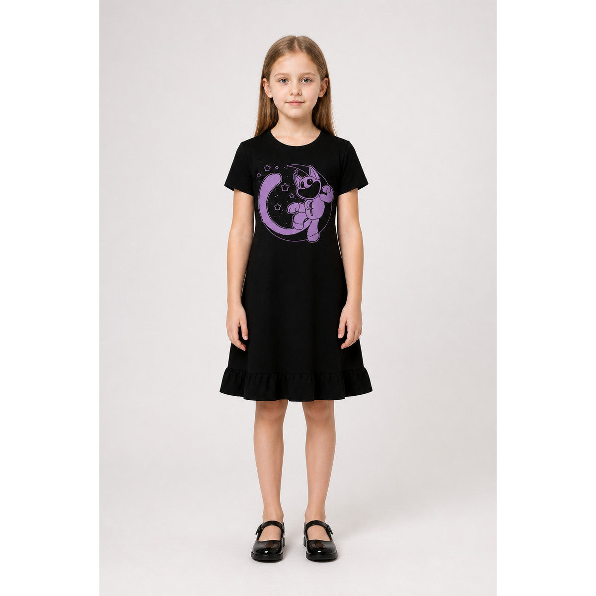 Black Dress with Purple Character Print and Ruffles main product view