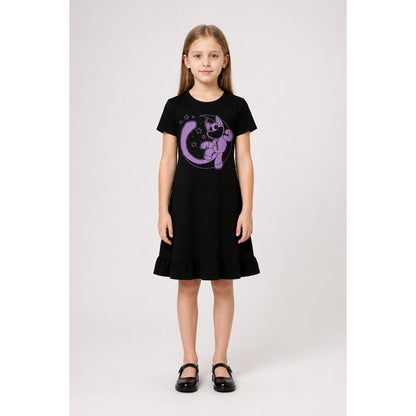 Black Dress with Purple Character Print and Ruffles main product view