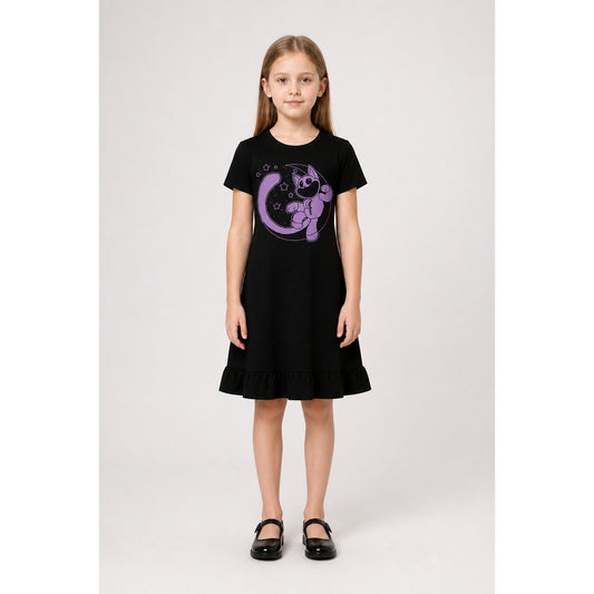 Black Dress with Purple Character Print and Ruffles main product view