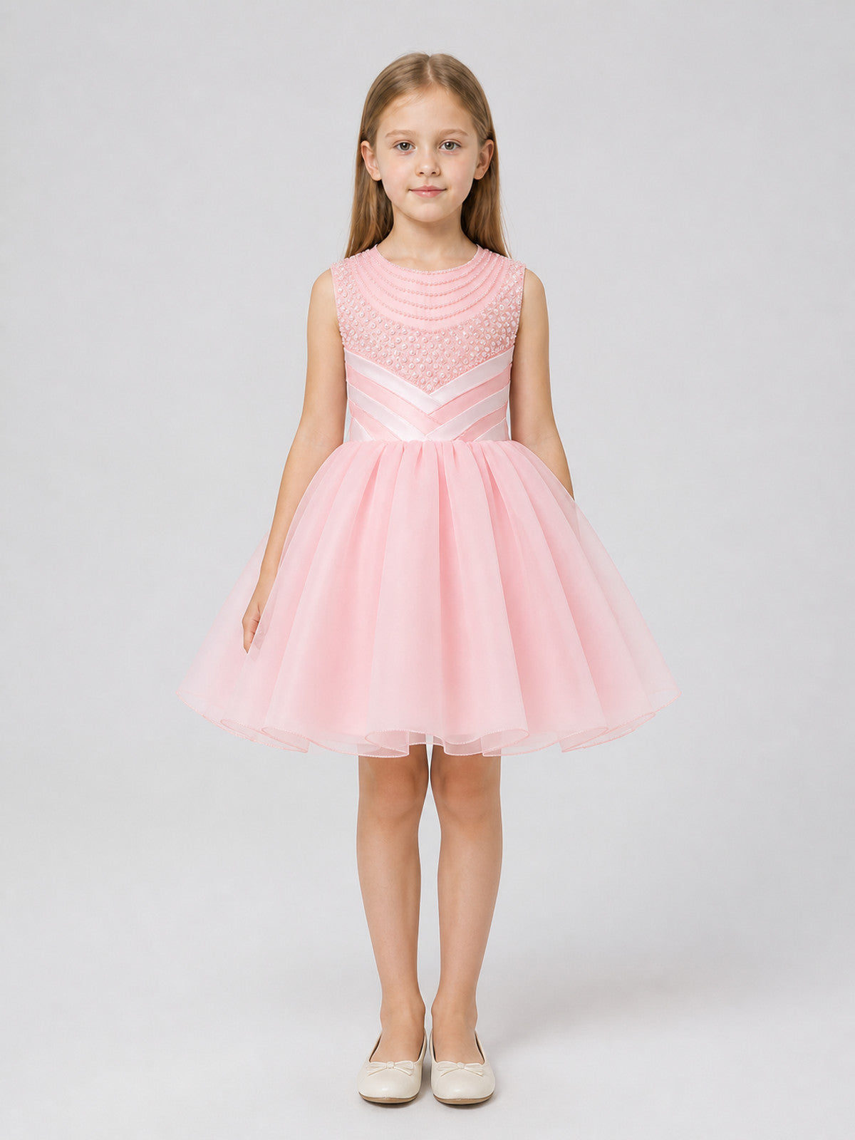 Festive Girls' Full Dress with Pearl Embellishment on-model view