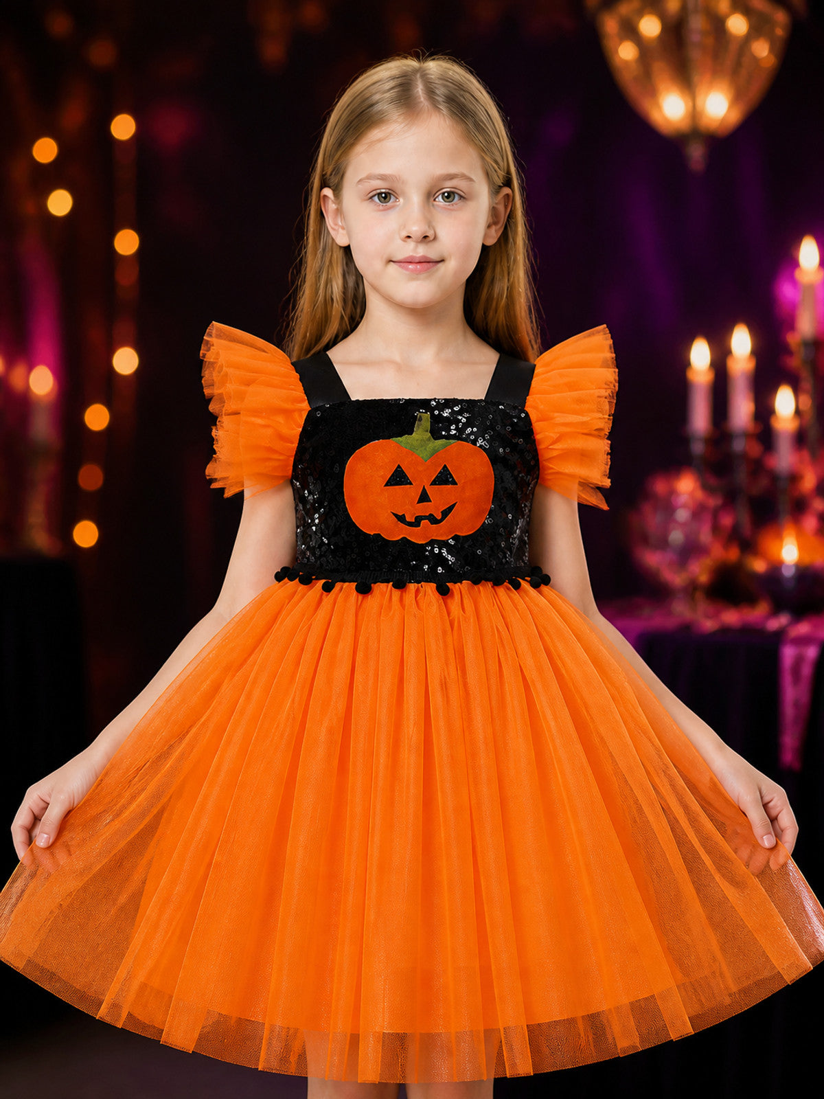Girls' Pumpkin Halloween Princess Costume Dress, Sequined Bodice And Layered on-model view