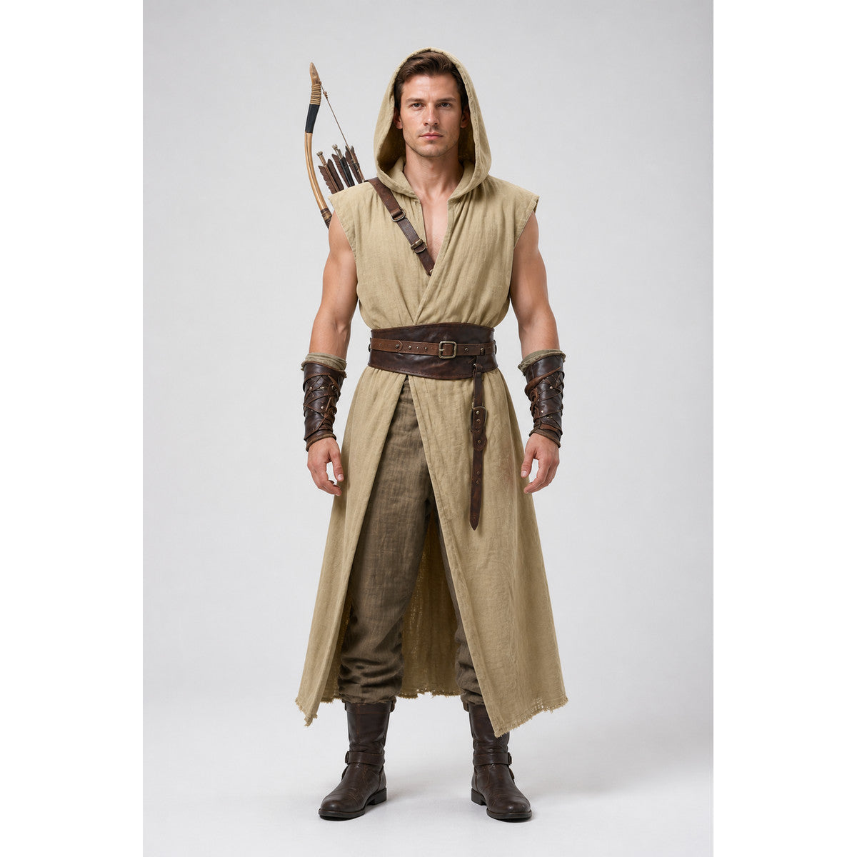 Khaki Sleeveless Medieval Hooded Cloak main product view