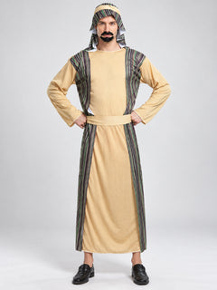 Adult Arab Shepherd Costume – Beige Striped Robe with Headscarf, Belt & Beard