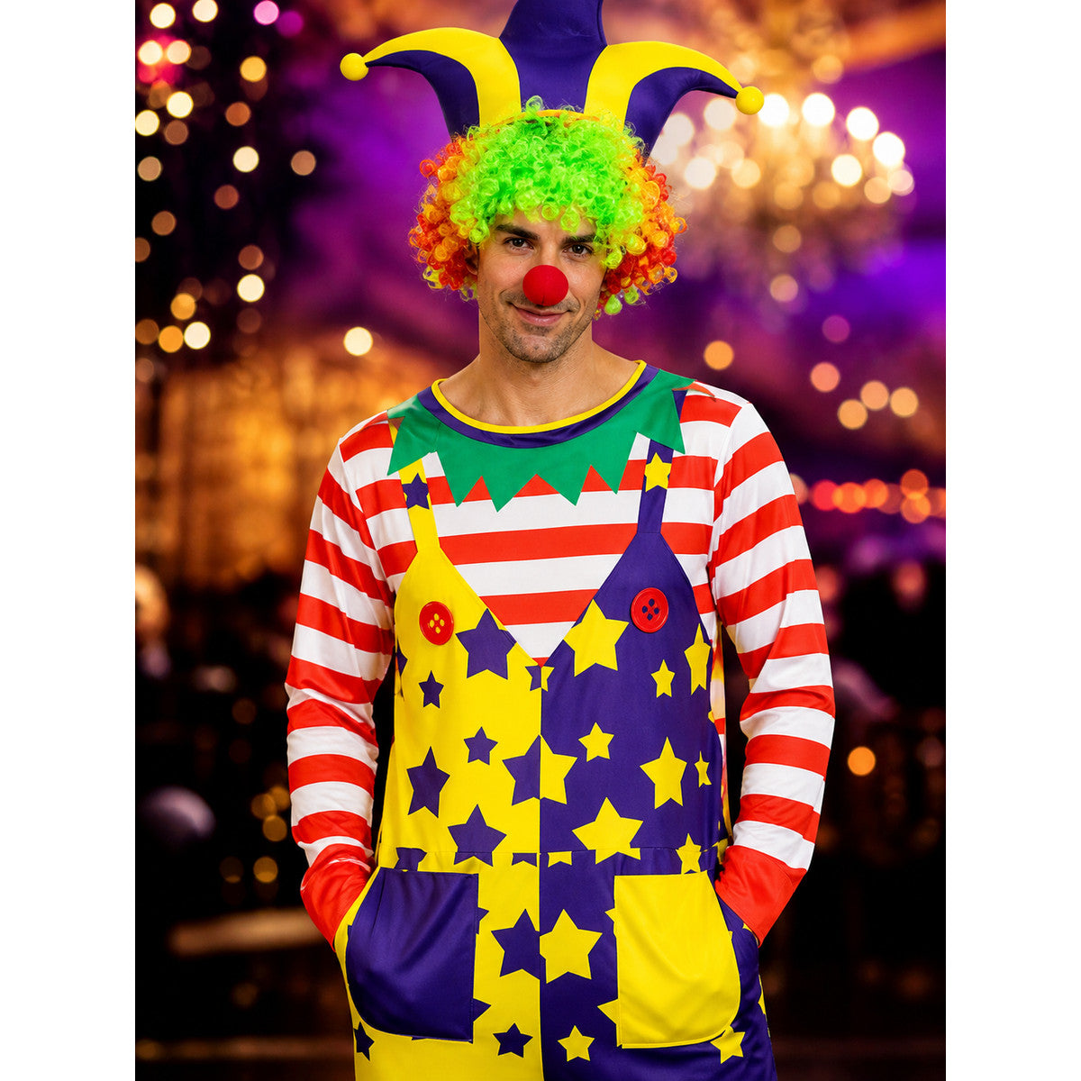 Unisex Adult Clown Jumpsuit Costume Set with Star Print, Striped Sleeves, and on-model view