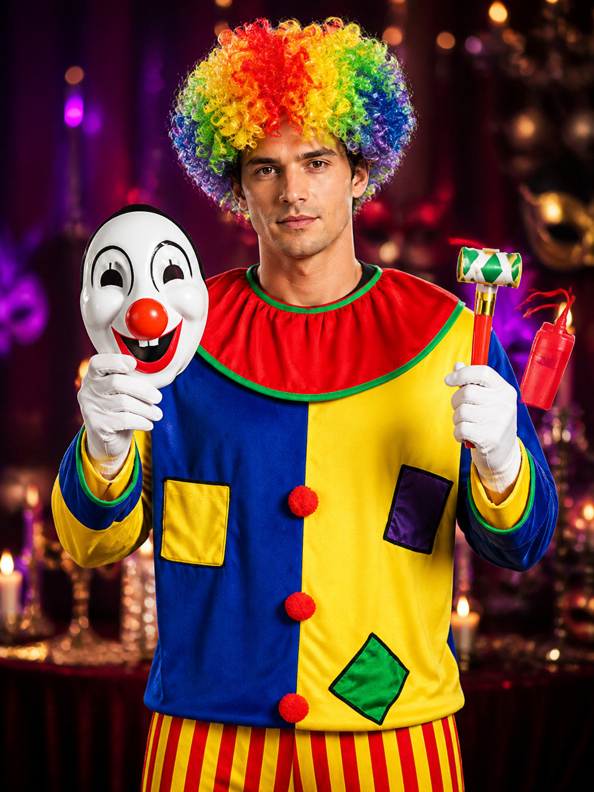 Clown Costume with Wig and Mask for Halloween on-model view