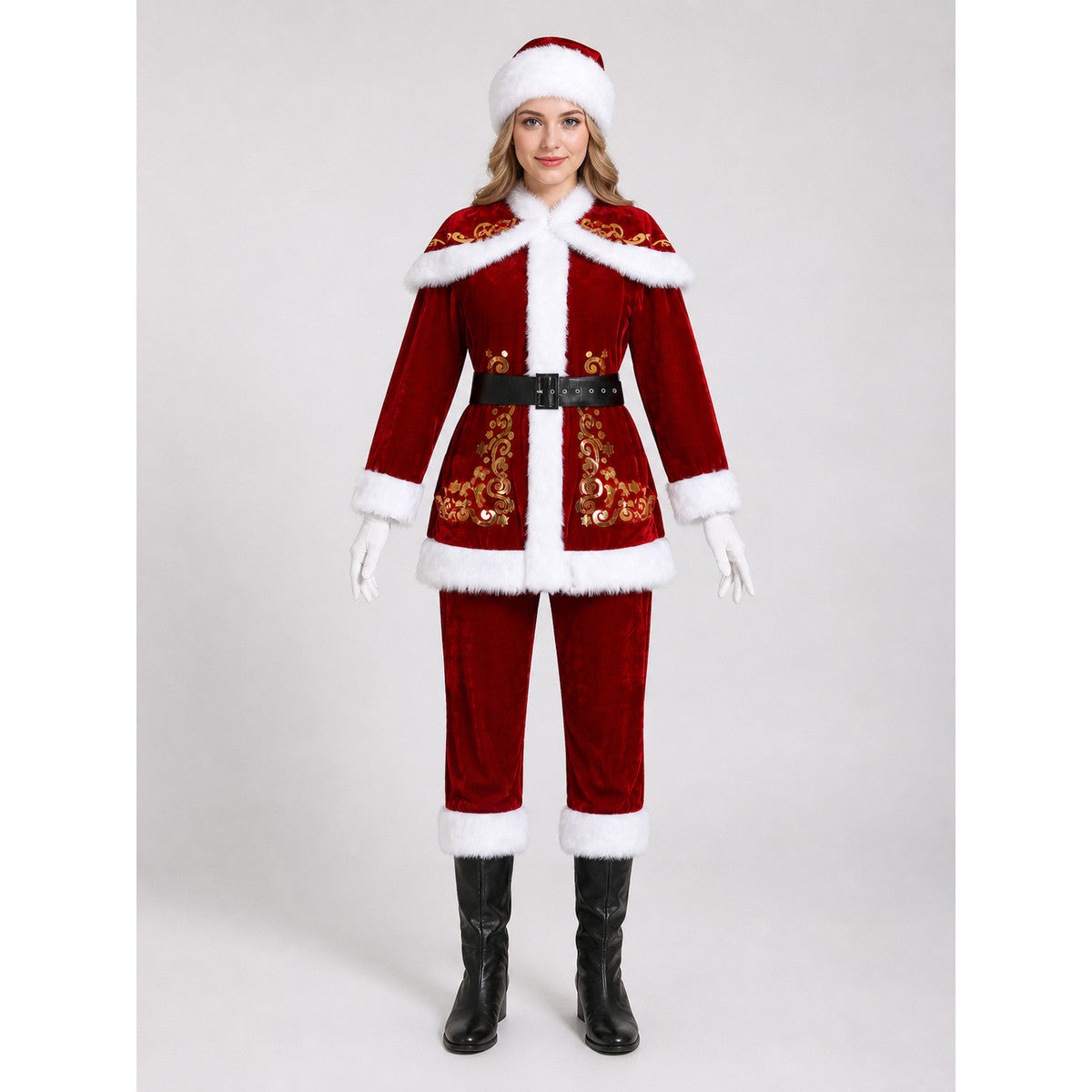 The costume is designed as Santa Claus and includes a top, pants, headwear, a wig with a curly white beard, a belt, gloves, and black boot-shaped shoe covers. It includes a red long-sleeve shirt and straight-leg red pants. White trim along 
