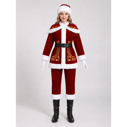 The costume is designed as Santa Claus and includes a top, pants, headwear, a wig with a curly white beard, a belt, gloves, and black boot-shaped shoe covers. It includes a red long-sleeve shirt and straight-leg red pants. White trim along 