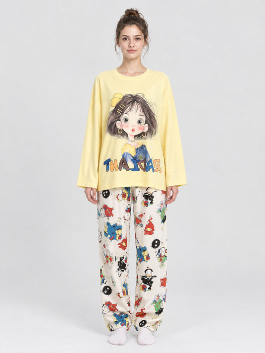 Pajama Set with Cartoon Print and Long Sleeves