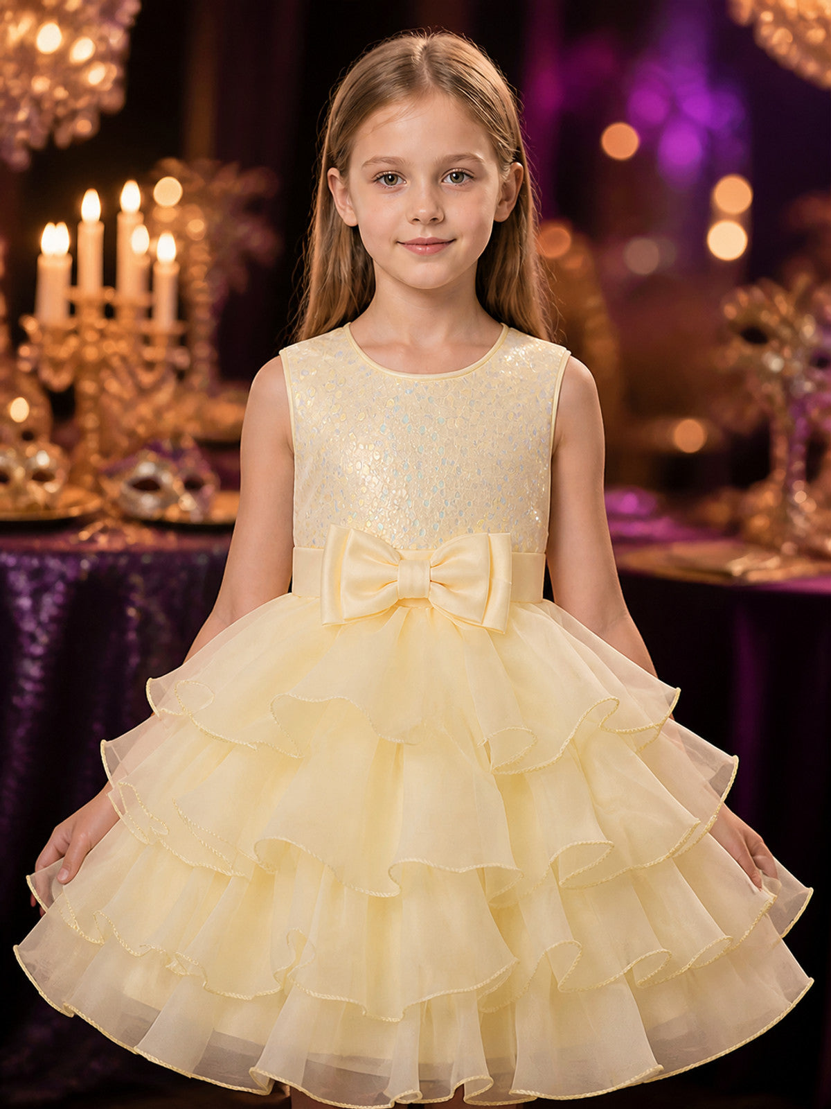 Baby Girls Princess Dress, Sleeveless Layered Tulle Skirt with Bow and Sequin on-model view