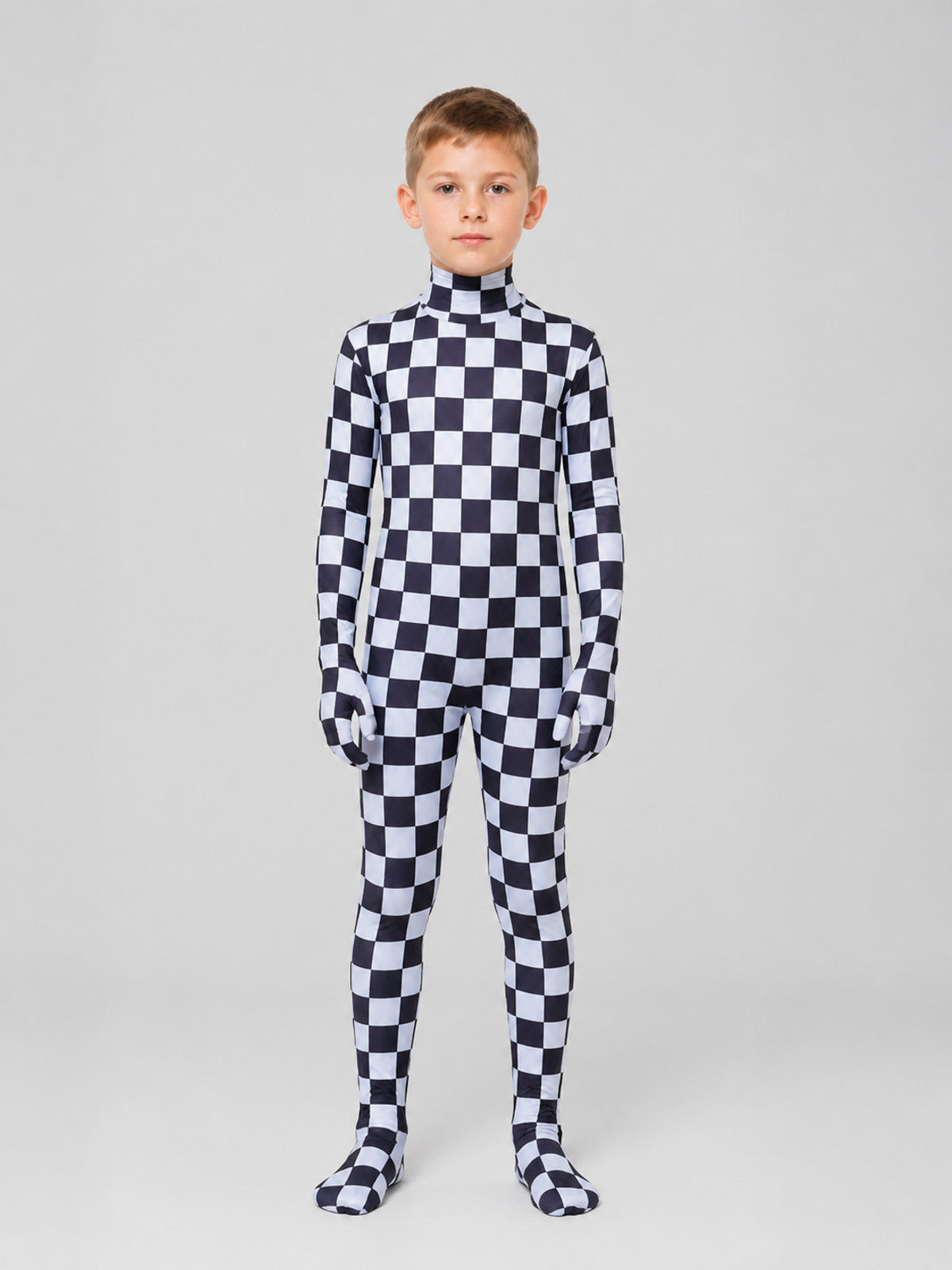 Hooded Jumpsuit with Covered Feet, Checkered Pattern on-model view