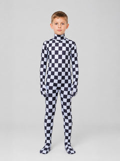 Hooded Jumpsuit with Covered Feet, Checkered Pattern