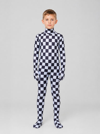 Hooded Jumpsuit with Covered Feet, Checkered Pattern on-model view