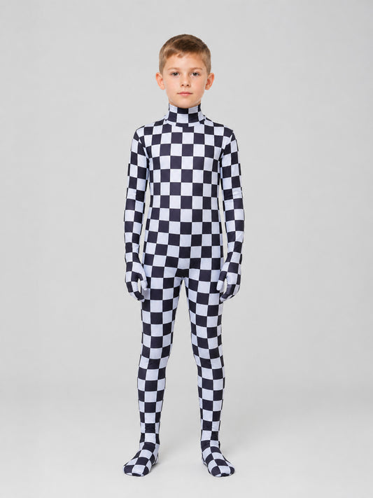 Hooded Jumpsuit with Covered Feet, Checkered Pattern on-model view