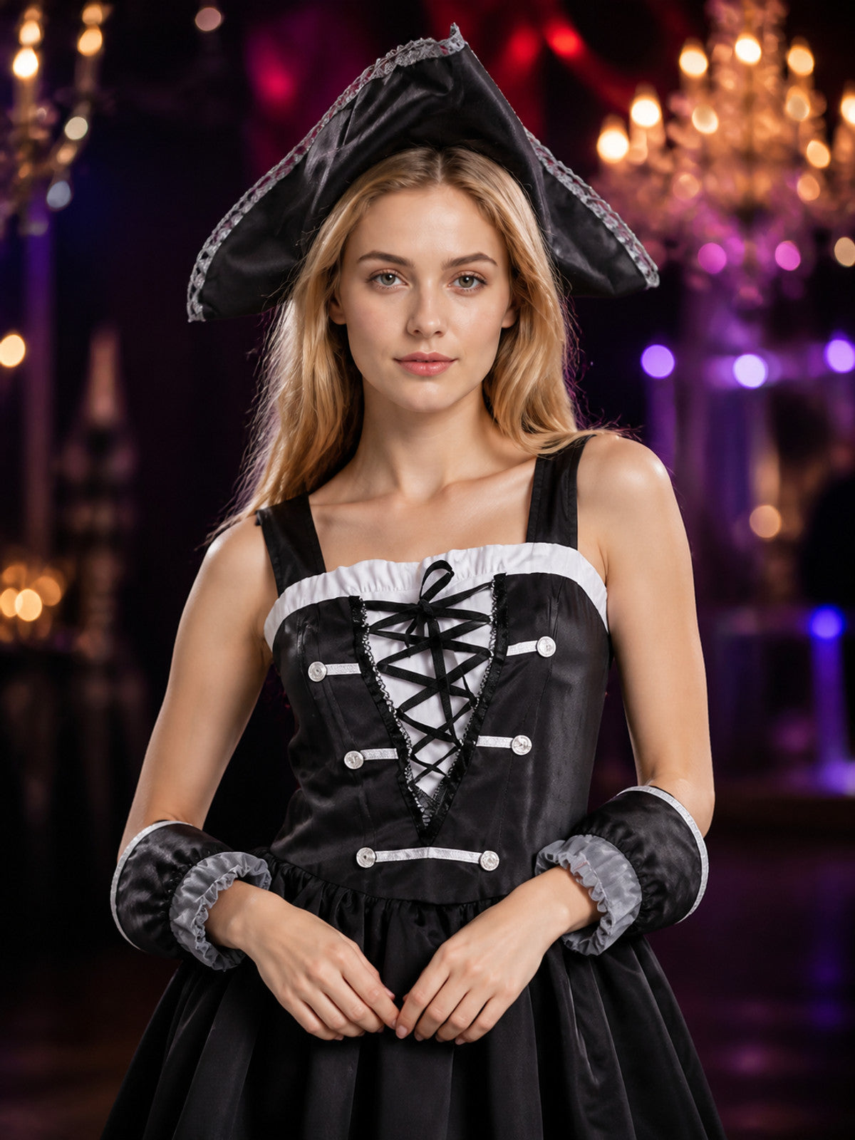 Halloween Pirate Costume with Corset Dress and Hat on-model view