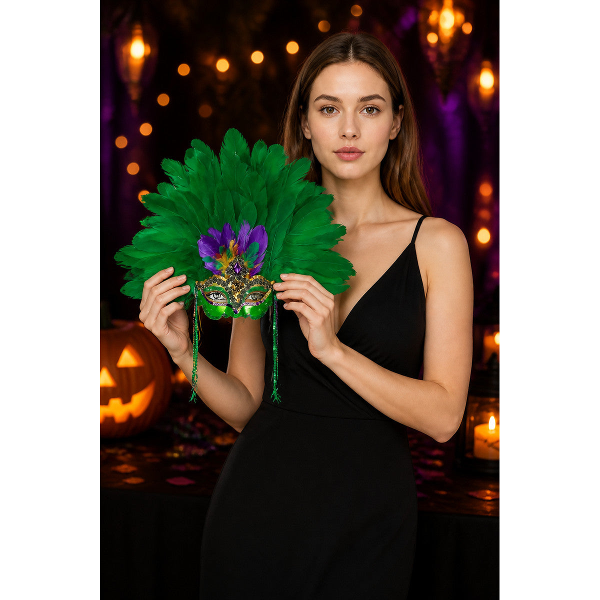 Green feather eye mask with purple and gold embellishments held by a woman in a black dress at a Halloween-themed table